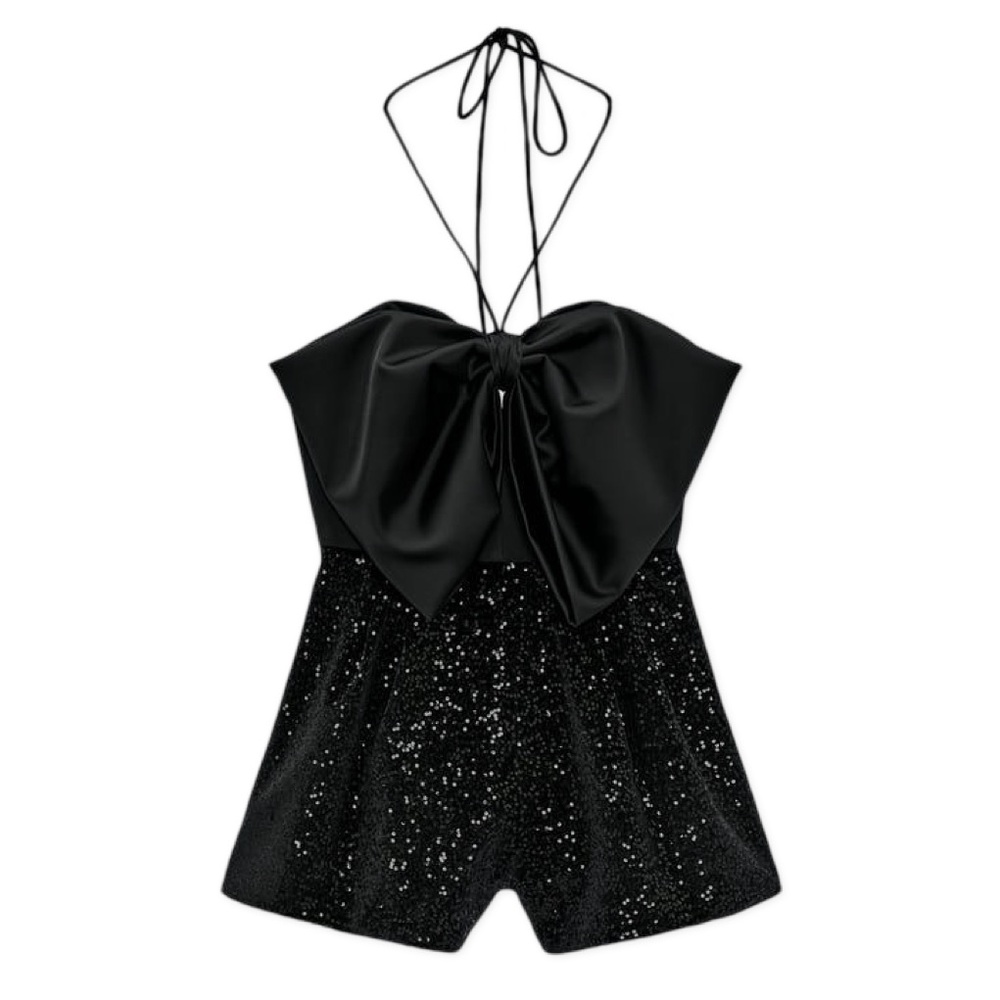 🆕 NWT Zara Bow Trim Sequin Romper Jumpsuit